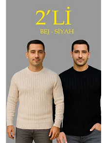 Erkek Fitilli Triko Kazak 2’li Set Bej Beyaz Kalın Dokuma Pamuklu Regular Fit Bisiklet
