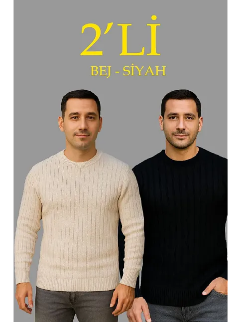 Erkek Fitilli Triko Kazak 2’li Set Bej Beyaz Kalın Dokuma Pamuklu Regular Fit Bisiklet