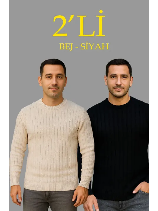 Erkek Fitilli Triko Kazak 2’li Set Bej Beyaz Kalın Dokuma Pamuklu Regular Fit Bisiklet