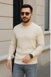 Erkek Fitilli Triko Kazak 2’li Set Bej Beyaz Kalın Dokuma Pamuklu Regular Fit Bisiklet