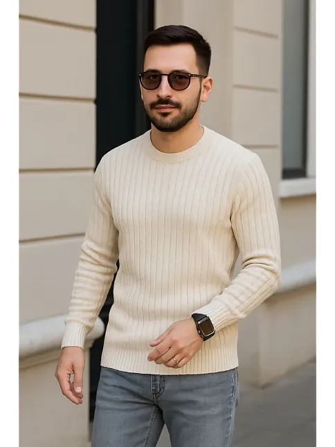 Erkek Fitilli Triko Kazak 2’li Set Bej Beyaz Kalın Dokuma Pamuklu Regular Fit Bisiklet