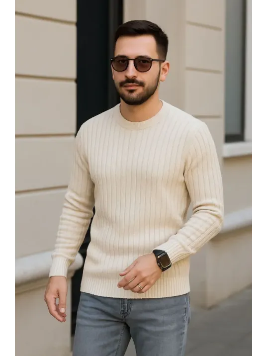 Erkek Fitilli Triko Kazak 2’li Set Bej Beyaz Kalın Dokuma Pamuklu Regular Fit Bisiklet