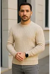 Erkek Fitilli Triko Kazak 2’li Set Bej Beyaz Kalın Dokuma Pamuklu Regular Fit Bisiklet