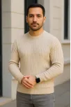 Erkek Fitilli Triko Kazak 2’li Set Bej Beyaz Kalın Dokuma Pamuklu Regular Fit Bisiklet