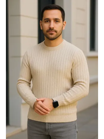 Erkek Fitilli Triko Kazak 2’li Set Bej Beyaz Kalın Dokuma Pamuklu Regular Fit Bisiklet