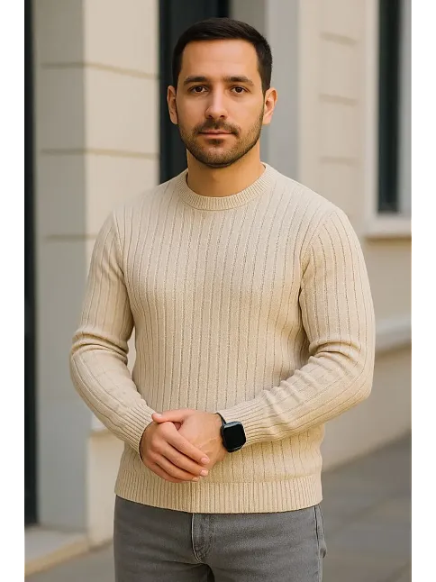 Erkek Fitilli Triko Kazak 2’li Set Bej Beyaz Kalın Dokuma Pamuklu Regular Fit Bisiklet