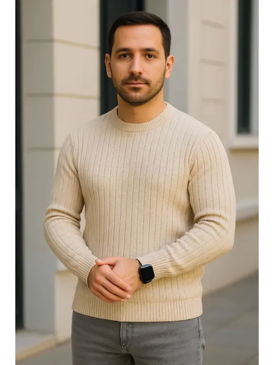 Erkek Fitilli Triko Kazak 2’li Set Bej Beyaz Kalın Dokuma Pamuklu Regular Fit Bisiklet