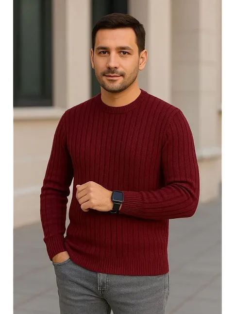 Erkek Fitilli Triko Kazak 2’li Set Siyah Bordo Kalın Dokuma Pamuklu Regular Fit Bisiklet
