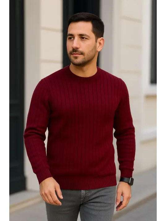 Erkek Fitilli Triko Kazak 2’li Set Siyah Bordo Kalın Dokuma Pamuklu Regular Fit Bisiklet