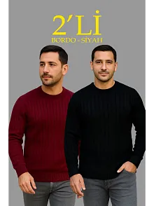 Erkek Fitilli Triko Kazak 2’li Set Siyah Bordo Kalın Dokuma Pamuklu Regular Fit Bisiklet