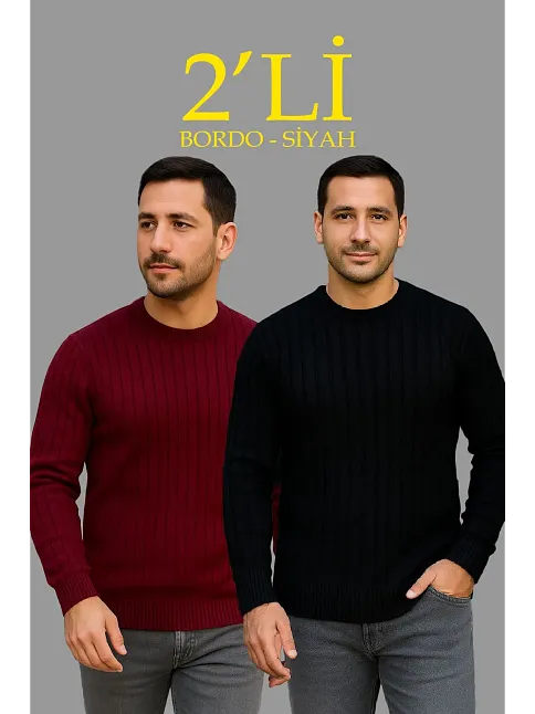 Erkek Fitilli Triko Kazak 2’li Set Siyah Bordo Kalın Dokuma Pamuklu Regular Fit Bisiklet