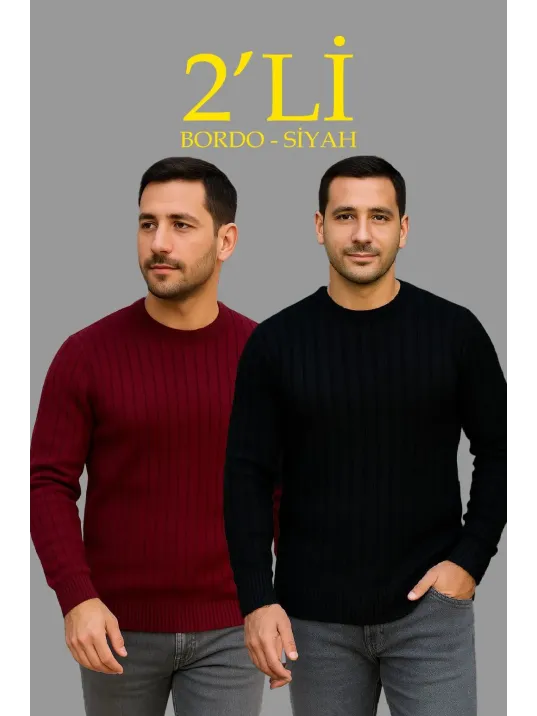 Erkek Fitilli Triko Kazak 2’li Set Siyah Bordo Kalın Dokuma Pamuklu Regular Fit Bisiklet