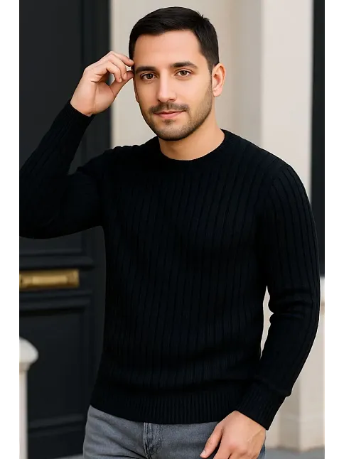 Erkek Fitilli Triko Kazak 2’li Set Siyah Bordo Kalın Dokuma Pamuklu Regular Fit Bisiklet