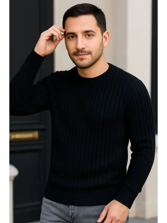 Erkek Fitilli Triko Kazak 2’li Set Siyah Bordo Kalın Dokuma Pamuklu Regular Fit Bisiklet