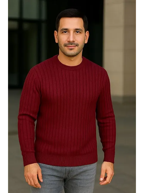 Erkek Fitilli Triko Kazak 2’li Set Siyah Bordo Kalın Dokuma Pamuklu Regular Fit Bisiklet