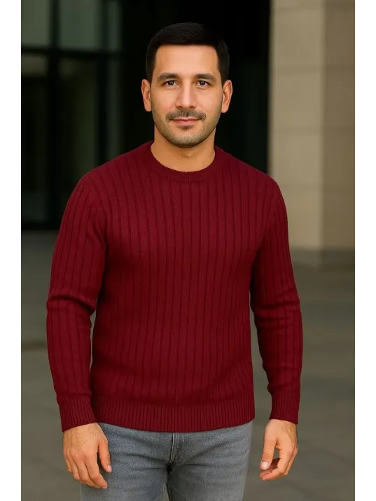 Erkek Fitilli Triko Kazak 2’li Set Siyah Bordo Kalın Dokuma Pamuklu Regular Fit Bisiklet