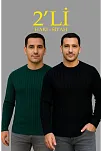 Erkek Fitilli Triko Kazak 2’li Set Siyah Haki Kalın Dokuma Pamuklu Regular Fit Bisiklet
