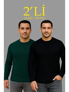 Erkek Fitilli Triko Kazak 2’li Set Siyah Haki Kalın Dokuma Pamuklu Regular Fit Bisiklet
