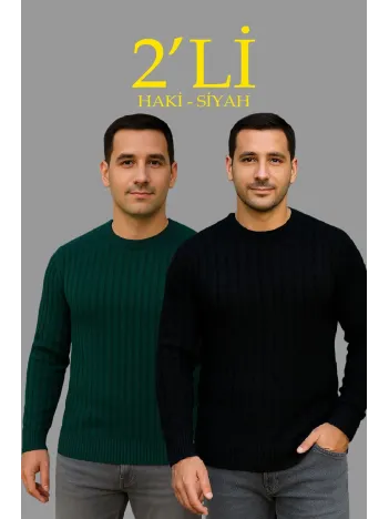 Erkek Fitilli Triko Kazak 2’li Set Siyah Haki Kalın Dokuma Pamuklu Regular Fit Bisiklet