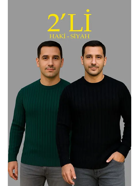 Erkek Fitilli Triko Kazak 2’li Set Siyah Haki Kalın Dokuma Pamuklu Regular Fit Bisiklet