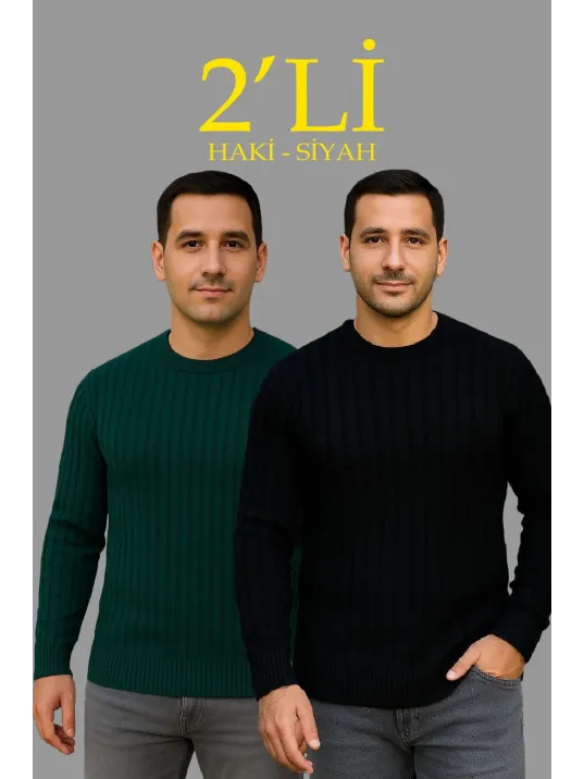 Erkek Fitilli Triko Kazak 2’li Set Siyah Haki Kalın Dokuma Pamuklu Regular Fit Bisiklet