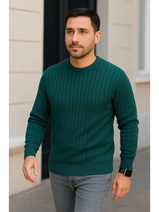 Erkek Fitilli Triko Kazak 2’li Set Siyah Haki Kalın Dokuma Pamuklu Regular Fit Bisiklet