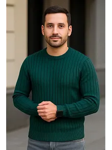 Erkek Fitilli Triko Kazak 2’li Set Siyah Haki Kalın Dokuma Pamuklu Regular Fit Bisiklet