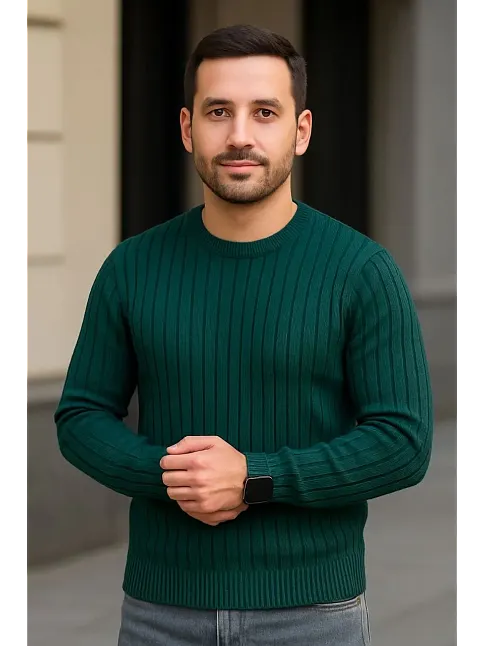 Erkek Fitilli Triko Kazak 2’li Set Siyah Haki Kalın Dokuma Pamuklu Regular Fit Bisiklet