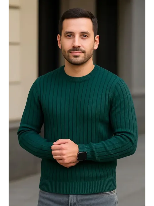 Erkek Fitilli Triko Kazak 2’li Set Siyah Haki Kalın Dokuma Pamuklu Regular Fit Bisiklet
