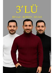 Erkek Fitilli Kazak Tam Boğazlı Balıkçı Yaka Triko 3'lü Set Beyaz-bordo-siyah