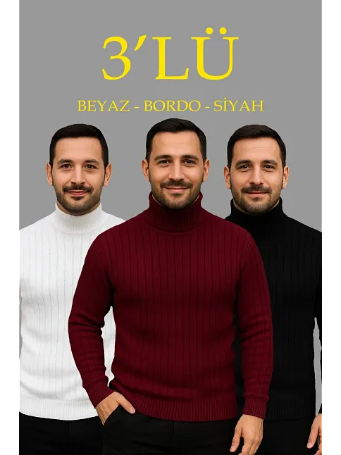 Erkek Fitilli Kazak Tam Boğazlı Balıkçı Yaka Triko 3'lü Set Beyaz-bordo-siyah