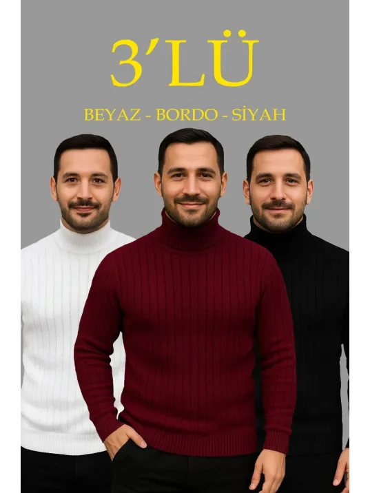 Erkek Fitilli Kazak Tam Boğazlı Balıkçı Yaka Triko 3'lü Set Beyaz-bordo-siyah