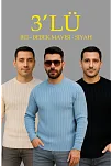 Erkek Fitilli Triko Bisiklet Yaka Kalın Kazak 3'lü Set Bej-bebek Mavisi-siyah