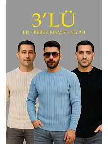Erkek Fitilli Triko Bisiklet Yaka Kalın Kazak 3'lü Set Bej-bebek Mavisi-siyah