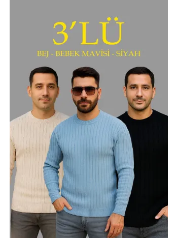 Erkek Fitilli Triko Bisiklet Yaka Kalın Kazak 3'lü Set Bej-bebek Mavisi-siyah