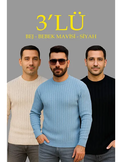 Erkek Fitilli Triko Bisiklet Yaka Kalın Kazak 3'lü Set Bej-bebek Mavisi-siyah