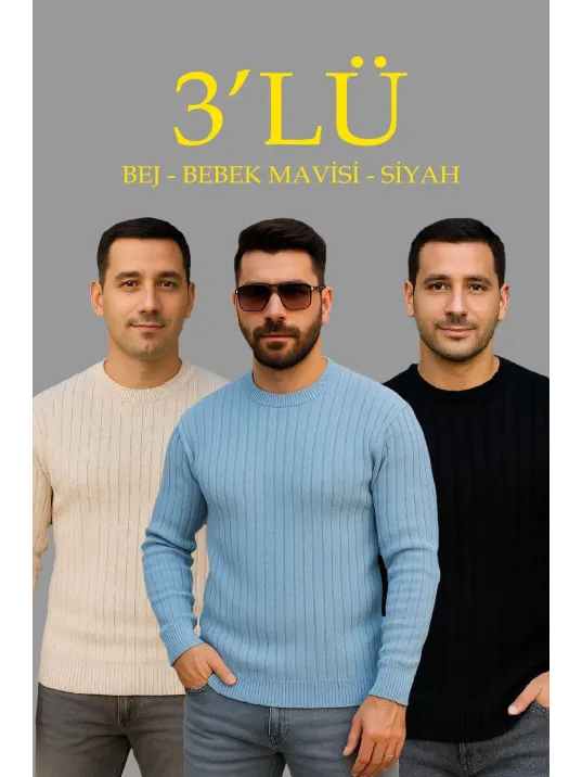 Erkek Fitilli Triko Bisiklet Yaka Kalın Kazak 3'lü Set Bej-bebek Mavisi-siyah