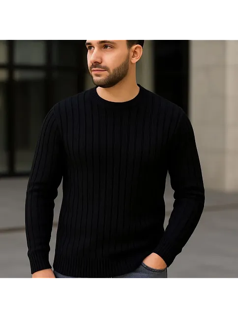 Erkek Fitilli Triko Bisiklet Yaka Kalın Kazak 3'lü Set Bej-bebek Mavisi-siyah