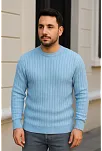 Erkek Fitilli Triko Bisiklet Yaka Kalın Kazak 3'lü Set Bej-bebek Mavisi-siyah