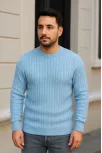 Erkek Fitilli Triko Bisiklet Yaka Kalın Kazak 3'lü Set Bej-bebek Mavisi-siyah