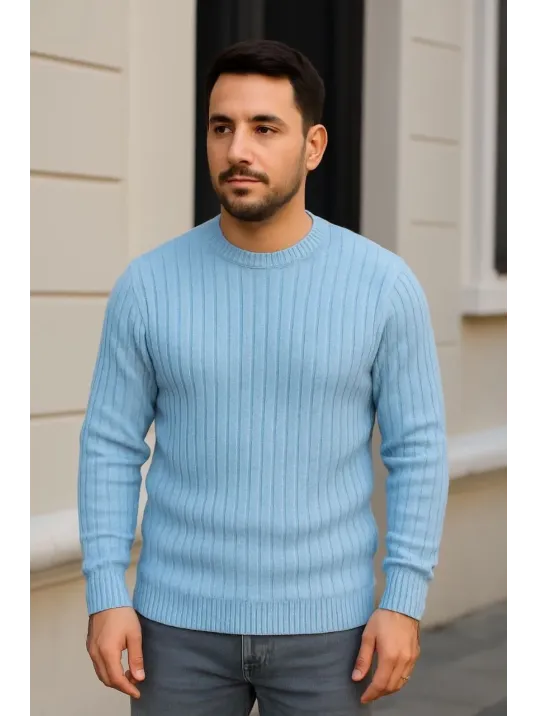 Erkek Fitilli Triko Bisiklet Yaka Kalın Kazak 3'lü Set Bej-bebek Mavisi-siyah