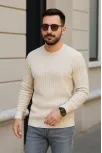 Erkek Fitilli Triko Bisiklet Yaka Kalın Kazak 3'lü Set Bej-bebek Mavisi-siyah