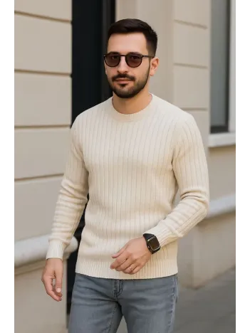 Erkek Fitilli Triko Bisiklet Yaka Kalın Kazak 3'lü Set Bej-bebek Mavisi-siyah
