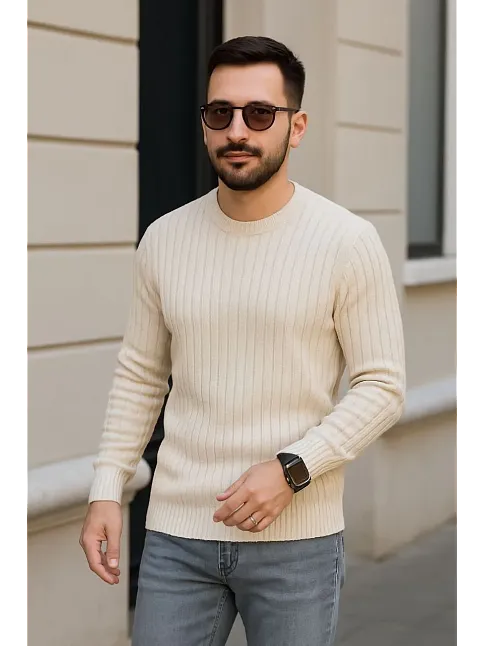 Erkek Fitilli Triko Bisiklet Yaka Kalın Kazak 3'lü Set Bej-bebek Mavisi-siyah