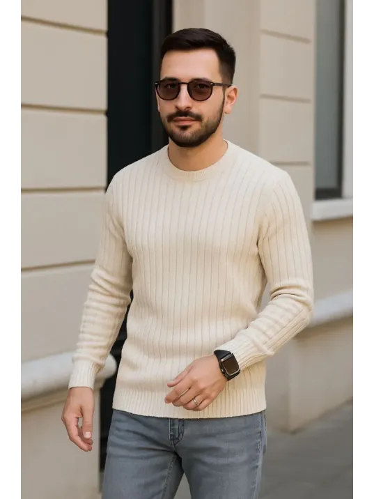 Erkek Fitilli Triko Bisiklet Yaka Kalın Kazak 3'lü Set Bej-bebek Mavisi-siyah