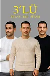 Erkek Fitilli Triko Kazak 3’lü Set Bej Beyaz Siyah | Kalın Dokuma Pamuklu Regular Fit