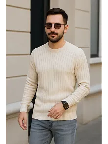 Erkek Fitilli Triko Kazak 3’lü Set Bej Beyaz Siyah | Kalın Dokuma Pamuklu Regular Fit