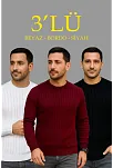 Erkek Fitilli Triko Bisiklet Yaka Kalın Kazak 3'lü Set Beyaz-bordo-siyah
