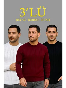 Erkek Fitilli Triko Bisiklet Yaka Kalın Kazak 3'lü Set Beyaz-bordo-siyah