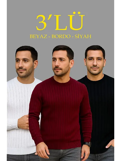 Erkek Fitilli Triko Bisiklet Yaka Kalın Kazak 3'lü Set Beyaz-bordo-siyah